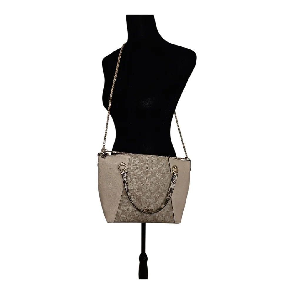 COACH Kacey Satchel/Crossbody Beige and Cream  with Faux Snake Skin  Handles - Picture 5 of 12